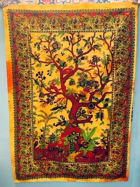 Vintage Tree of Life Wall Tapestry Boho Floral Bird Print Textile 43” x 28”